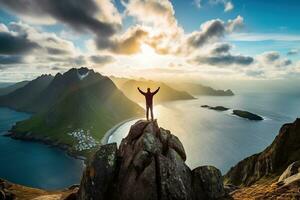 hombre en pie en el parte superior de un montaña y disfrutando el ver ai generado foto