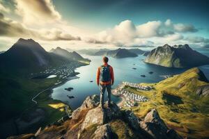 Man standing on the top of a mountain and enjoying the view AI generated photo
