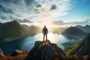 Man standing on the top of a mountain and enjoying the view AI generated photo