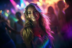 retrato de joven hermosa mujer bailando en noche club con luces. ai generado foto