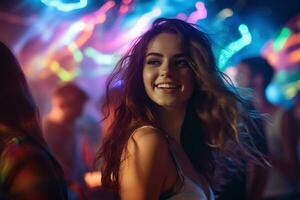 Portrait of young beautiful woman dancing in night club with lights. AI generated photo