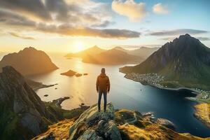 Man standing on the top of a mountain and enjoying the view AI generated photo