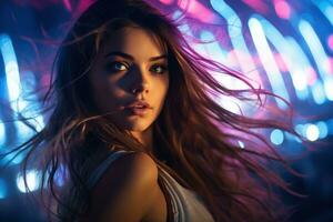 Portrait of young beautiful woman dancing in night club with lights. AI generated photo