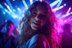 retrato de joven hermosa mujer bailando en noche club con luces. ai generado foto