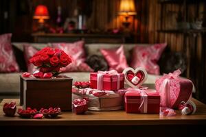 Gift boxes and hearts on wooden table. Valentine's Day background AI generated photo