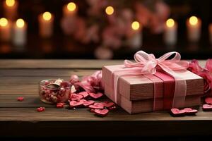 regalo cajas y corazones en de madera mesa. San Valentín día antecedentes ai generado foto