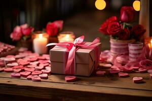 regalo cajas y corazones en de madera mesa. San Valentín día antecedentes ai generado foto