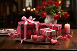 Gift boxes and hearts on wooden table. Valentine's Day background AI generated photo