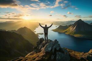 Man standing on the top of a mountain and enjoying the view AI generated photo