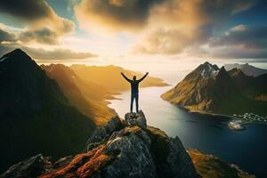 hombre en pie en el parte superior de un montaña y disfrutando el ver ai generado foto