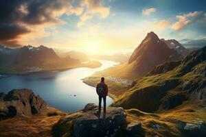 Man standing on the top of a mountain and enjoying the view AI generated photo