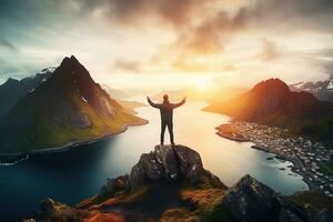 hombre en pie en el parte superior de un montaña y disfrutando el ver ai generado foto