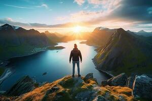 Man standing on the top of a mountain and enjoying the view AI generated photo