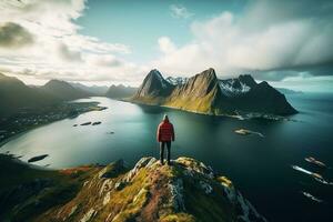 Man standing on the top of a mountain and enjoying the view AI generated photo