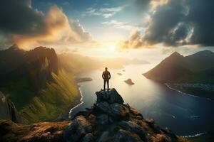 Man standing on the top of a mountain and enjoying the view AI generated photo