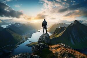 Man standing on the top of a mountain and enjoying the view AI generated photo