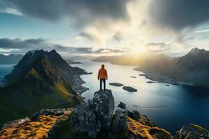 Man standing on the top of a mountain and enjoying the view AI generated photo