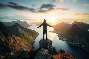 Man standing on the top of a mountain and enjoying the view AI generated photo