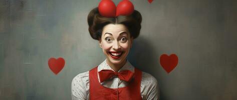 Portrait of a happy woman with red heart.Valentine's Day Concept AI generated photo