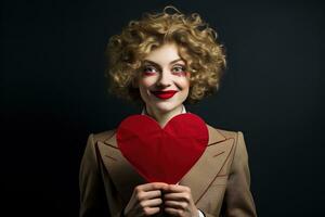 retrato de un contento mujer con rojo corazon.san valentin día concepto ai generado foto