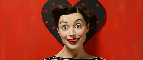 Portrait of a happy woman with red heart.Valentine's Day Concept AI generated photo