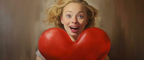 Portrait of a happy woman with red heart.Valentine's Day Concept AI generated photo