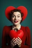 Portrait of a happy woman with red heart.Valentine's Day Concept AI generated photo