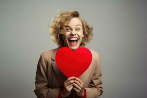 retrato de un contento mujer con rojo corazon.san valentin día concepto ai generado foto