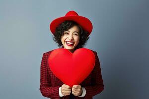 retrato de un contento mujer con rojo corazon.san valentin día concepto ai generado foto