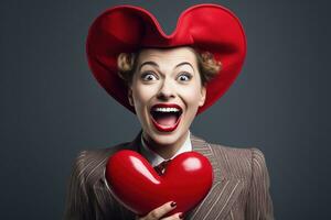 retrato de un contento mujer con rojo corazon.san valentin día concepto ai generado foto