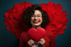 retrato de un contento mujer con rojo corazon.san valentin día concepto ai generado foto