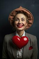 retrato de un contento mujer con rojo corazon.san valentin día concepto ai generado foto