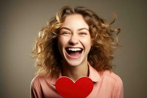 retrato de un contento mujer con rojo corazon.san valentin día concepto ai generado foto