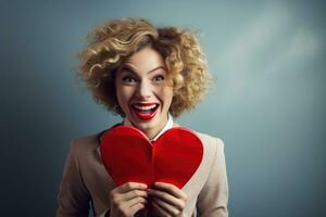 retrato de un contento mujer con rojo corazon.san valentin día concepto ai generado foto