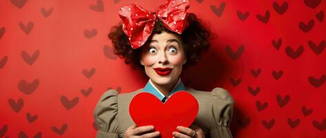 retrato de un contento mujer con rojo corazón en un rojo fondo.de san valentin día concepto ai generado foto