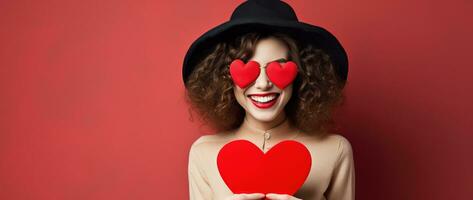 Portrait of a happy woman with red heart on a red background.Valentine's Day Concept AI generated photo