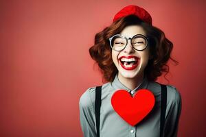 retrato de un contento mujer con rojo corazón en un rojo fondo.de san valentin día concepto ai generado foto