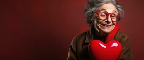 Portrait of a happy woman with red heart on a red background.Valentine's Day Concept AI generated photo