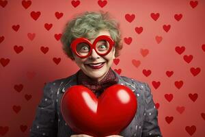 retrato de un contento mujer con rojo corazón en un rojo fondo.de san valentin día concepto ai generado foto