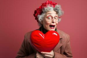 Portrait of a happy woman with red heart on a red background.Valentine's Day Concept AI generated photo