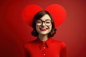 retrato de un contento mujer con rojo corazón en un rojo fondo.de san valentin día concepto ai generado foto