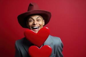 retrato de un contento mujer con rojo corazón en un rojo fondo.de san valentin día concepto ai generado foto