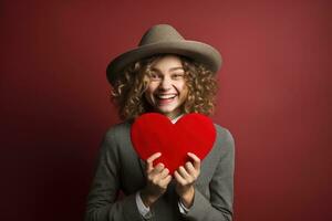 retrato de un contento mujer con rojo corazón en un rojo fondo.de san valentin día concepto ai generado foto