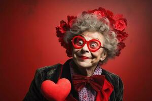 retrato de un contento mujer con rojo corazón en un rojo fondo.de san valentin día concepto ai generado foto