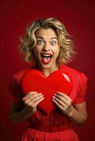 Portrait of a happy woman with red heart on a red background.Valentine's Day Concept AI generated photo