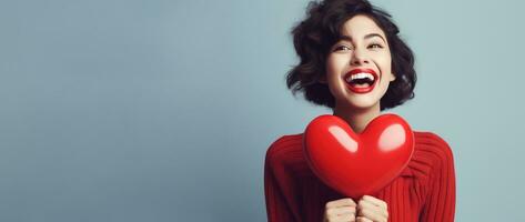 retrato de un contento mujer con rojo corazon.san valentin día concepto ai generado foto