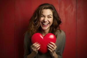 Portrait of a happy woman with red heart on a red background.Valentine's Day Concept AI generated photo