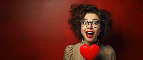 retrato de un contento mujer con rojo corazón en un rojo fondo.de san valentin día concepto ai generado foto