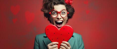 Portrait of a happy woman with red heart on a red background.Valentine's Day Concept AI generated photo