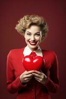 Portrait of a happy woman with red heart on a red background.Valentine's Day Concept AI generated photo